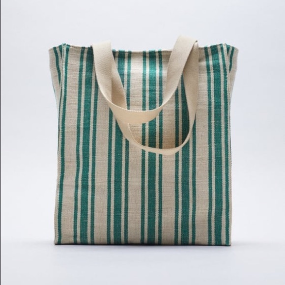 NWT. Zara 100% Cotton Beige/Green Fabric Shopper Bag. - Picture 1 of 10